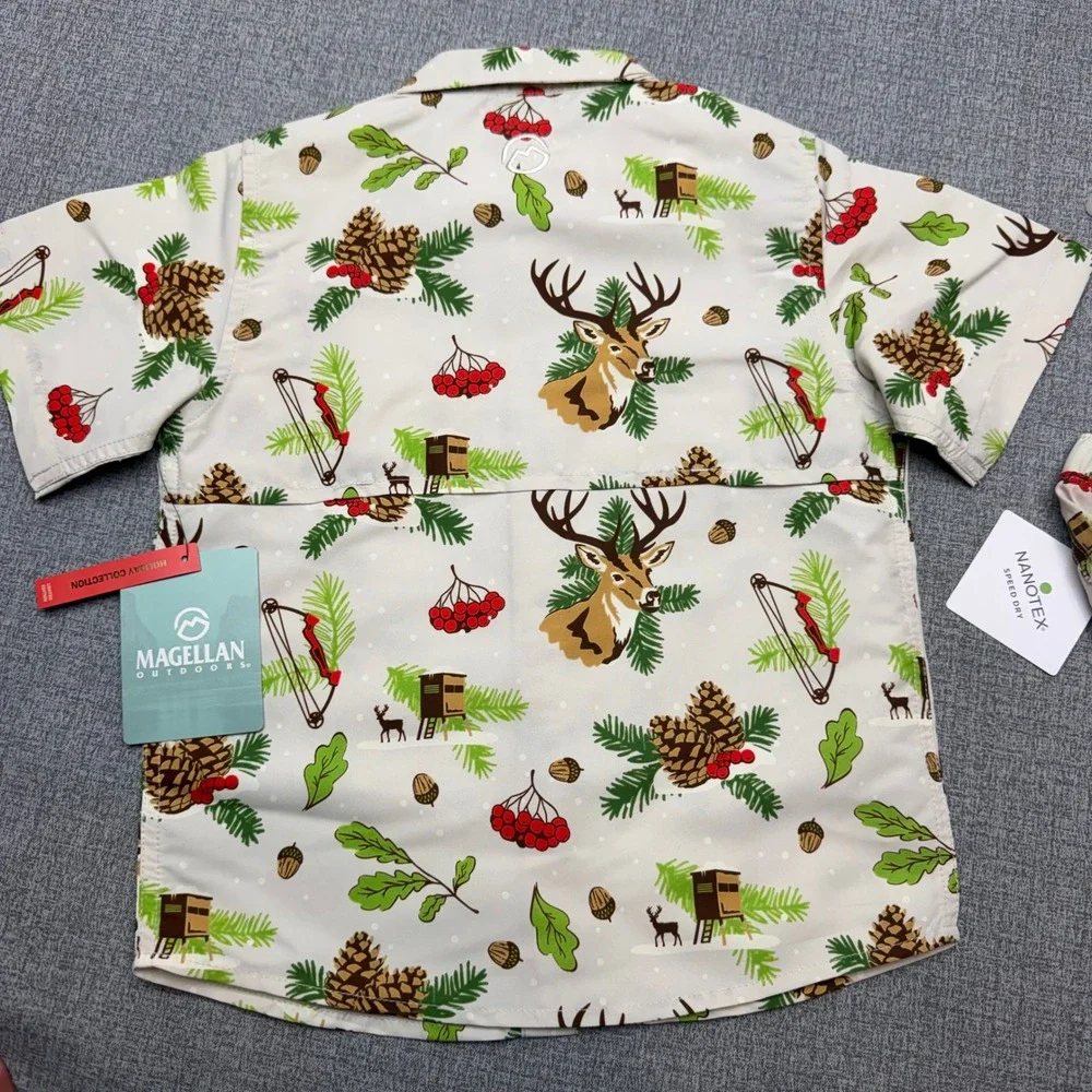 NWT Magellan Outdoors Boys Vintage Hunt Fishing Shirt Shorts Set 5/6 Holiday UPF